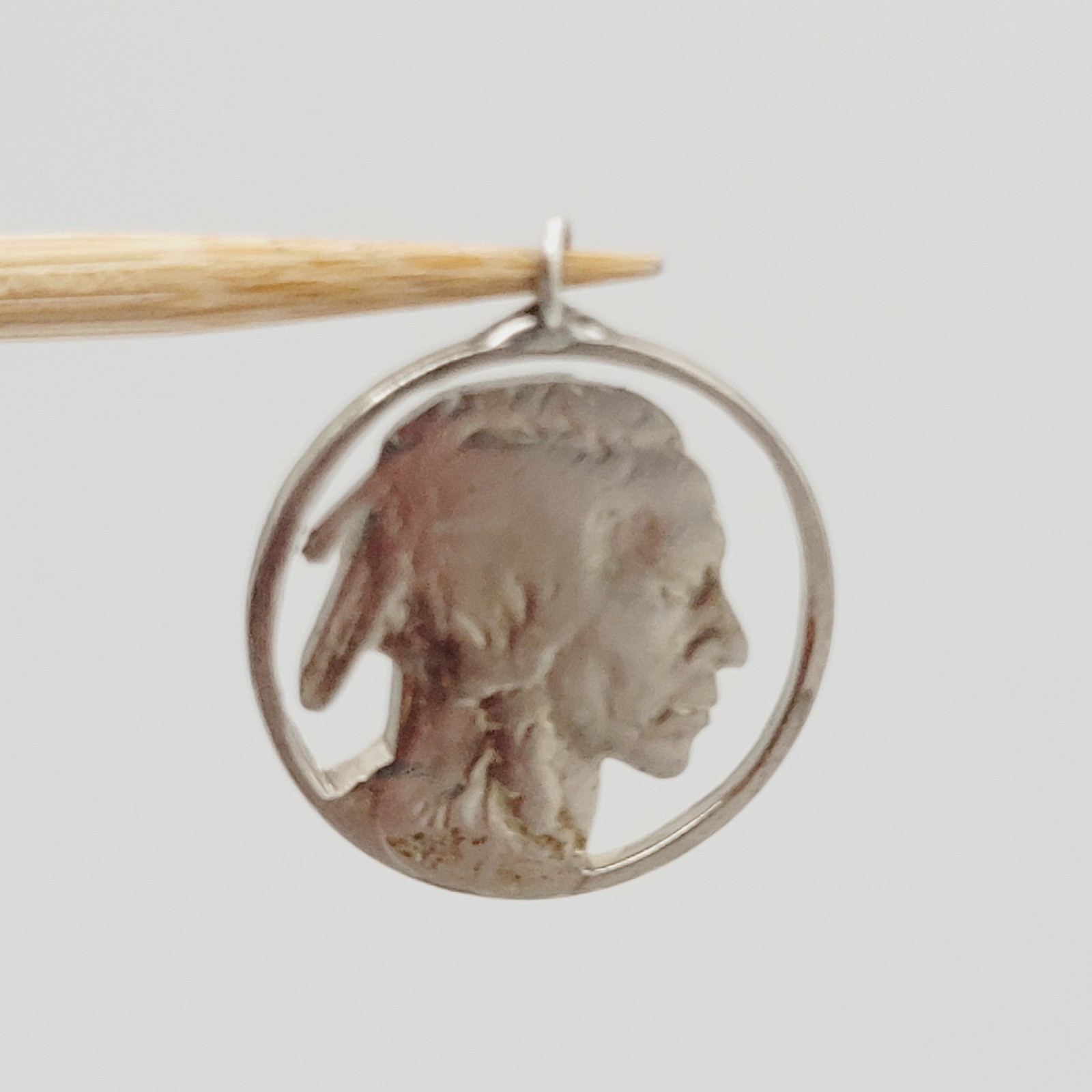 Shiny Buffalo Indian Nickel Silver Tone Cut Coin Pendant Cracked Bail For Repair