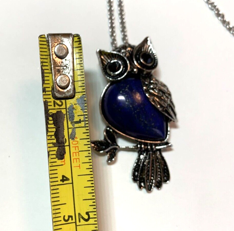 Lapis Lazuli Owl Pendant Glass Rhinestone Eyes Stainless Steel Chain Necklace