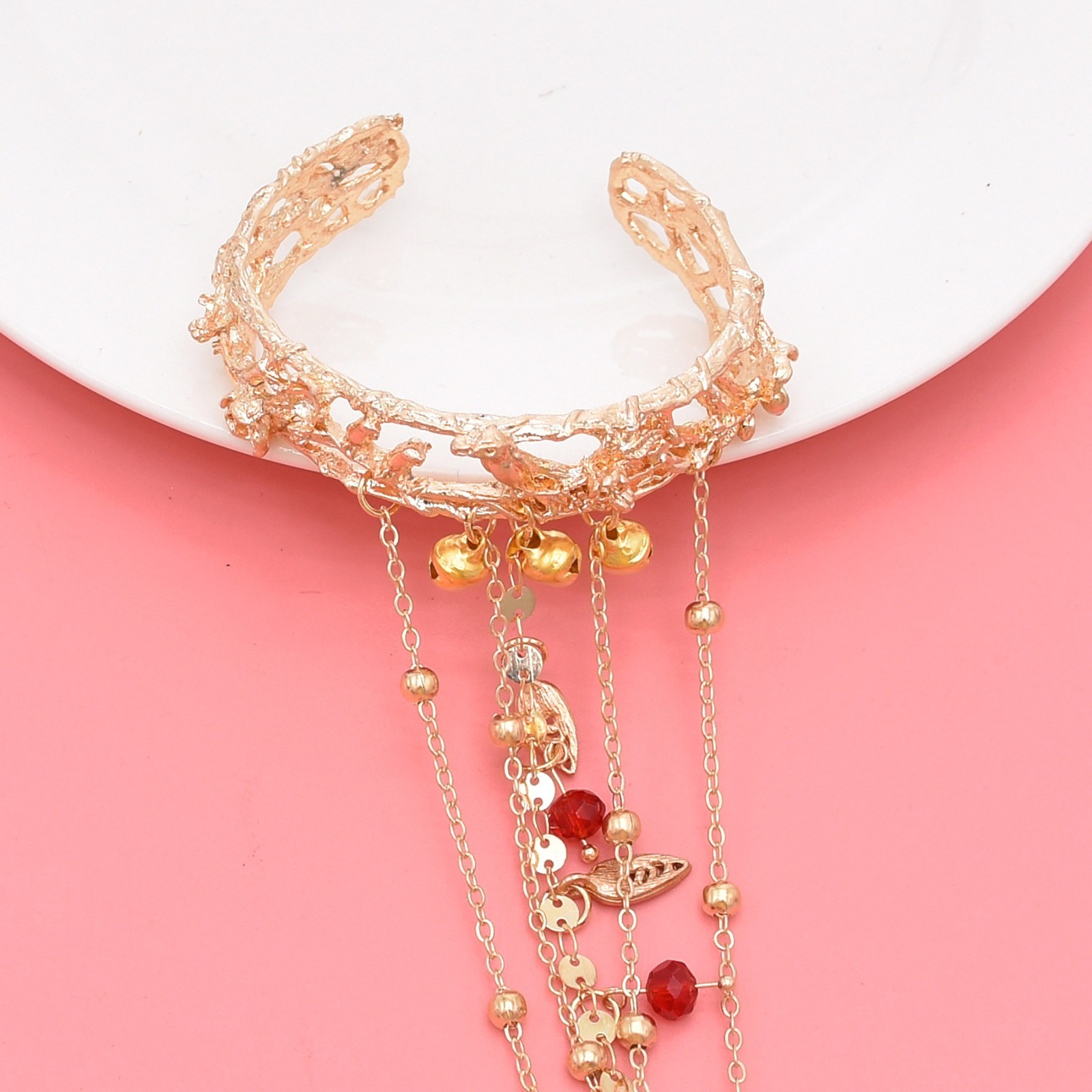 Gold Tone Vintage Cuff Bracelet with Ring Red Beads Chain Bell Gift for Women