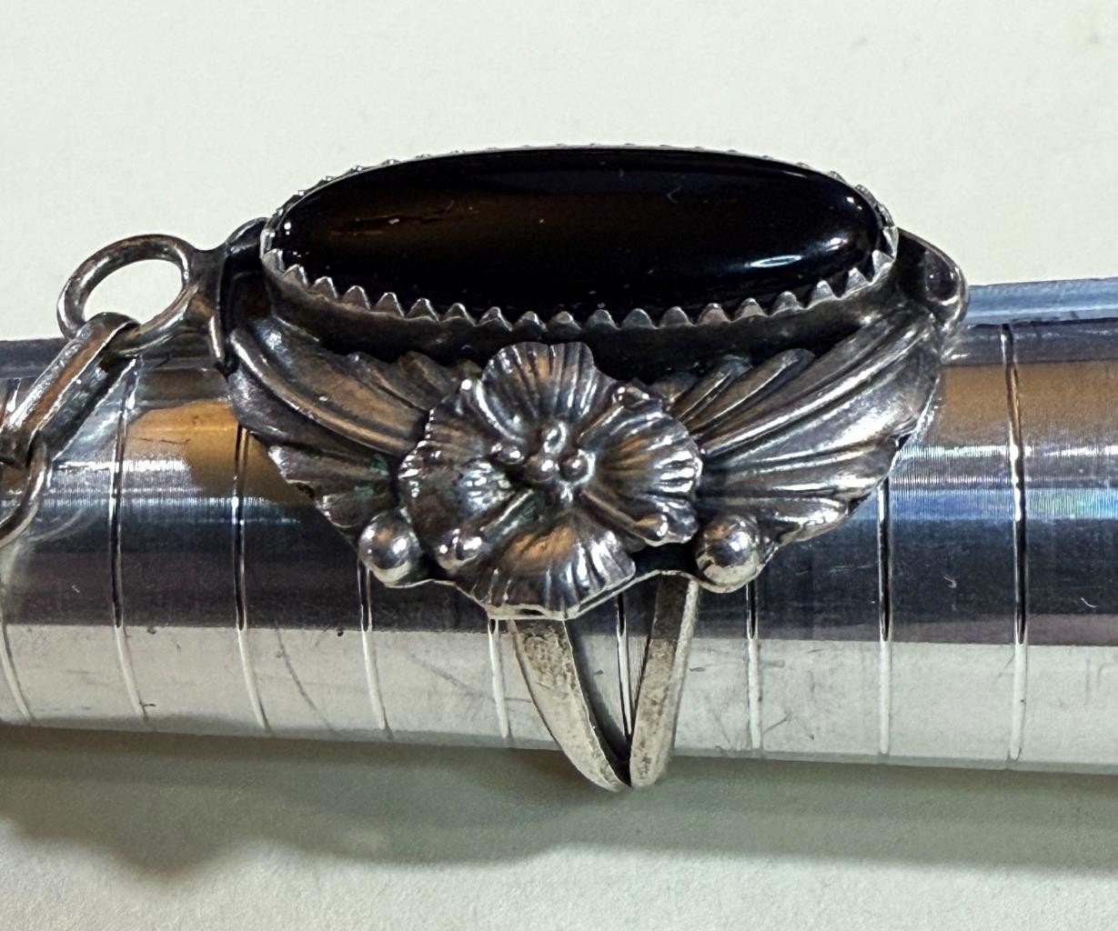 Sterling Silver Cuff Slave Bracelet – Ring Size 8 – Onyx Stone