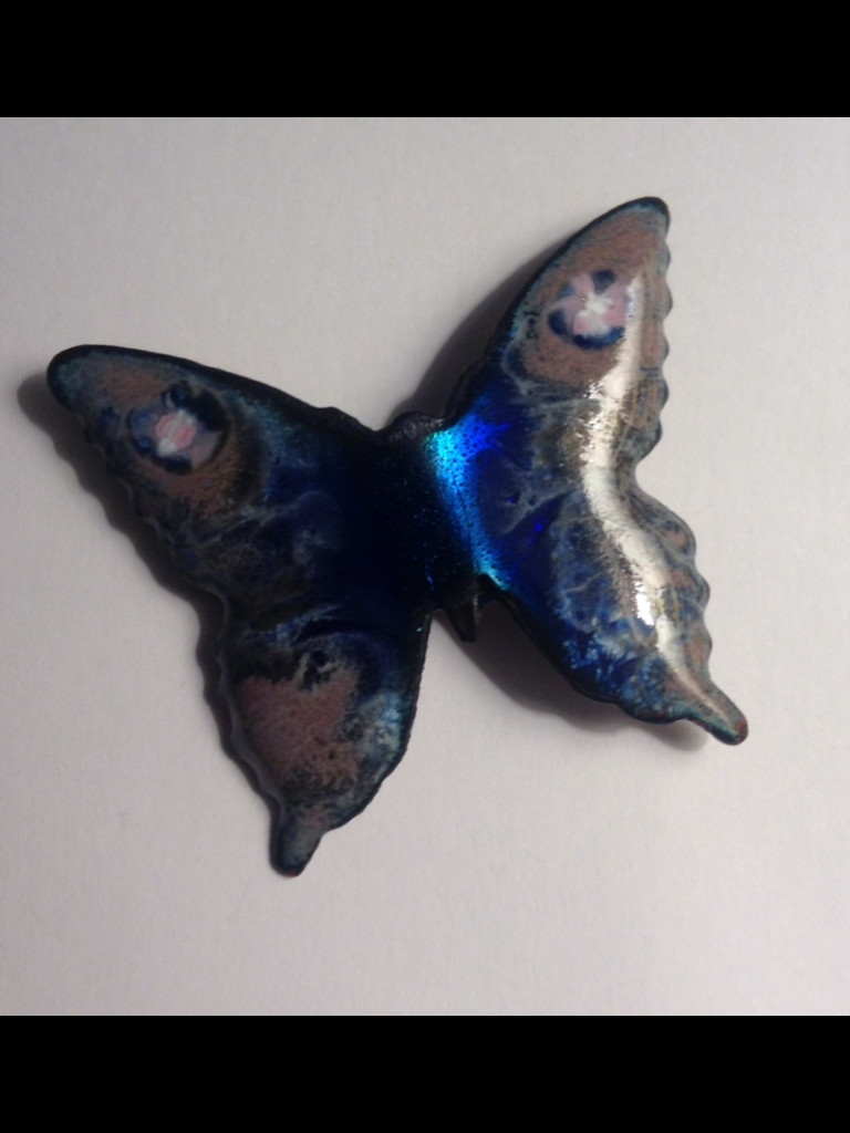 Hand made enamel iridescent blue brooch violet, and mauve butterfly