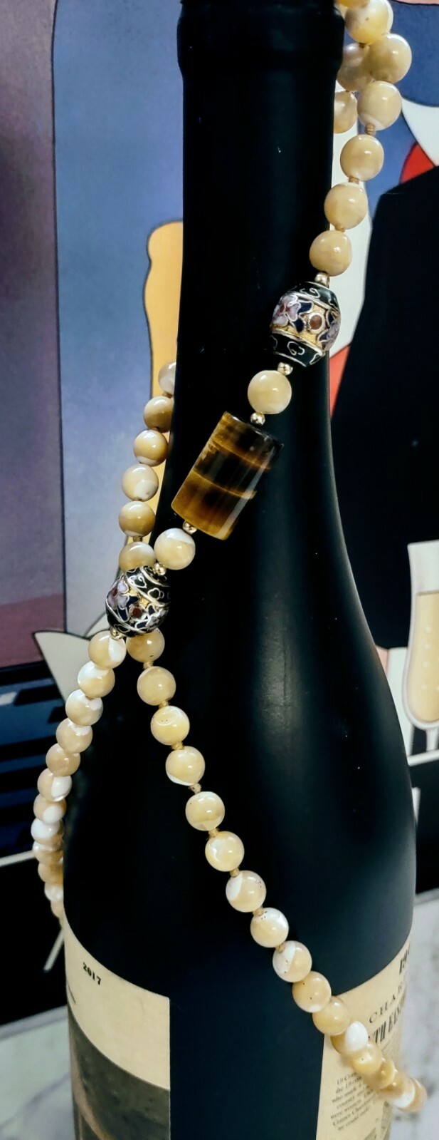 Vintage TIGER EYE Rutilated Jade Bead, Hand Knotted Silk Cloisonne 32″ Necklace