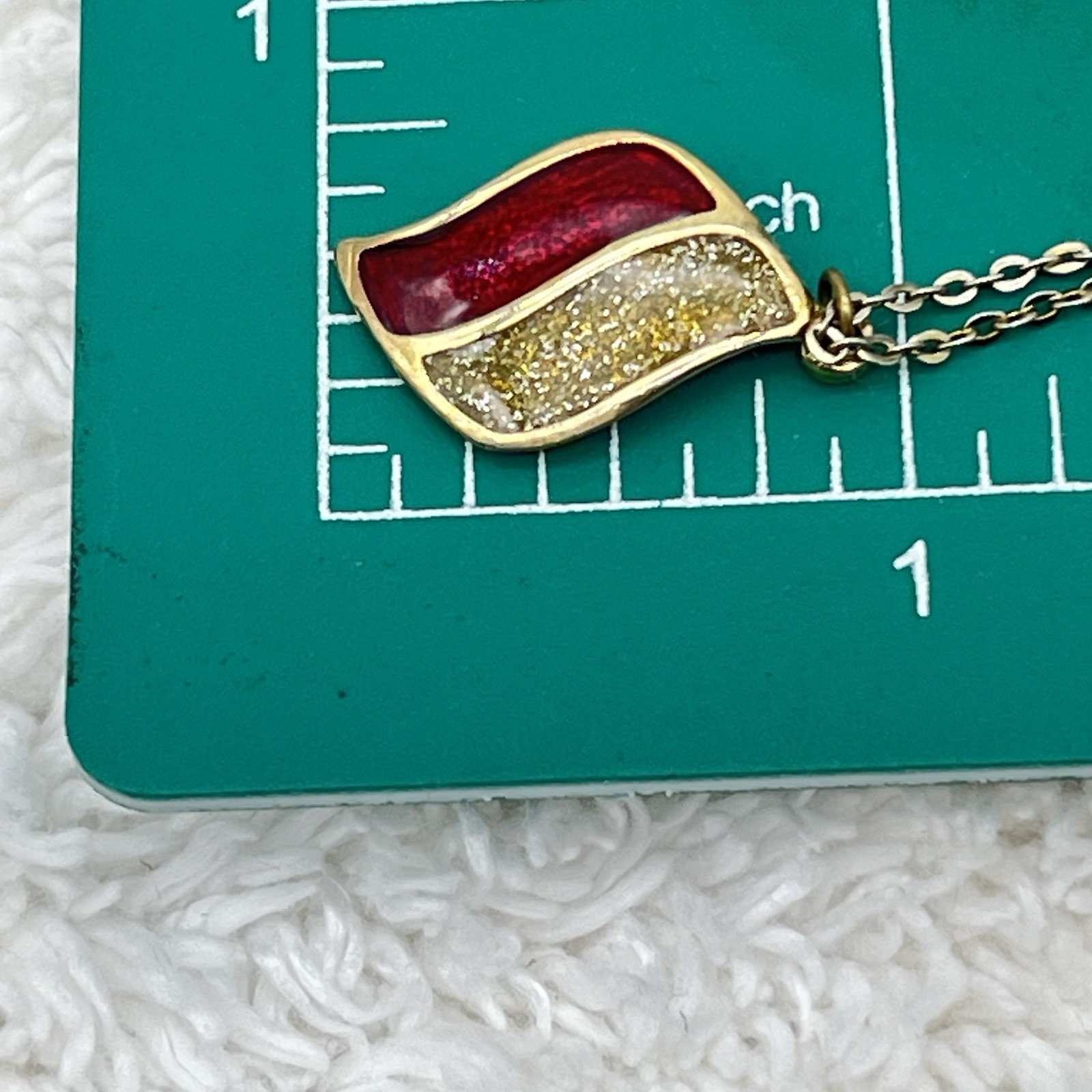 Signed Royal Necklace Red Gold Glitter Enamel Abstract Wave Pendant 18″