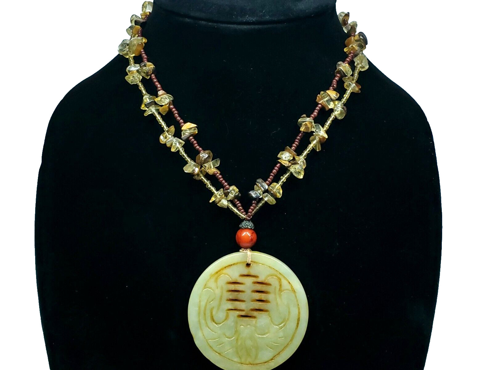 Vintage Oriental Jade Chunky Medallion Agate Tigers Eye Beaded Pendant Necklace