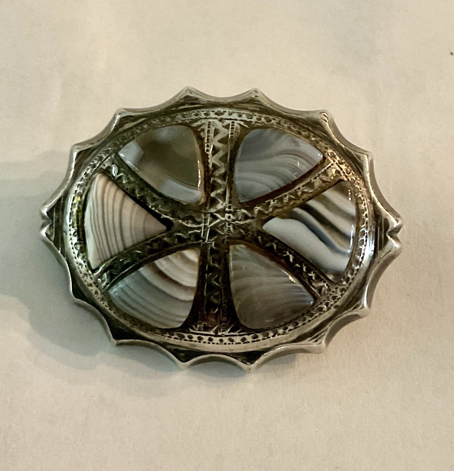 Antique Sterling Silver and Grey Agate Stone Scottish Pin 9.64 Grams