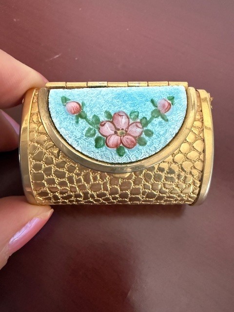 Vintage Guilloche Enamel Gold Finish Pillbox Purse/Necklace
