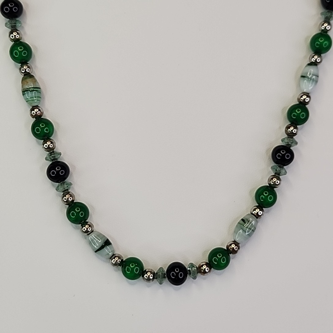 Vintage Glass Necklace Green Striped 24″