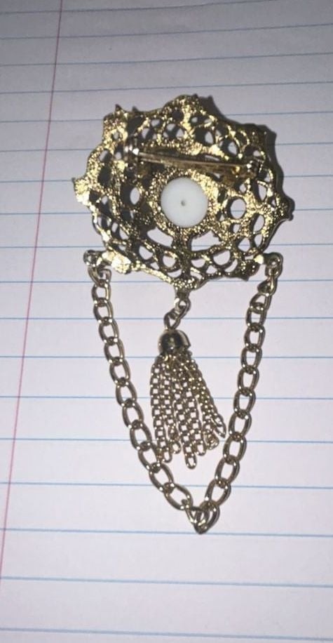 Vintage Ornate Gold Tone Filigree Brooch Faux Pearl Center Hanging Tassel Chain
