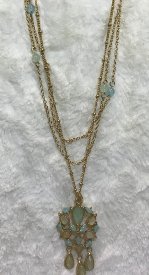 Mid-Century, Vintage Drop Dangle Tear Drop Ice Blue Gold Tone 3 Strand Necklace
