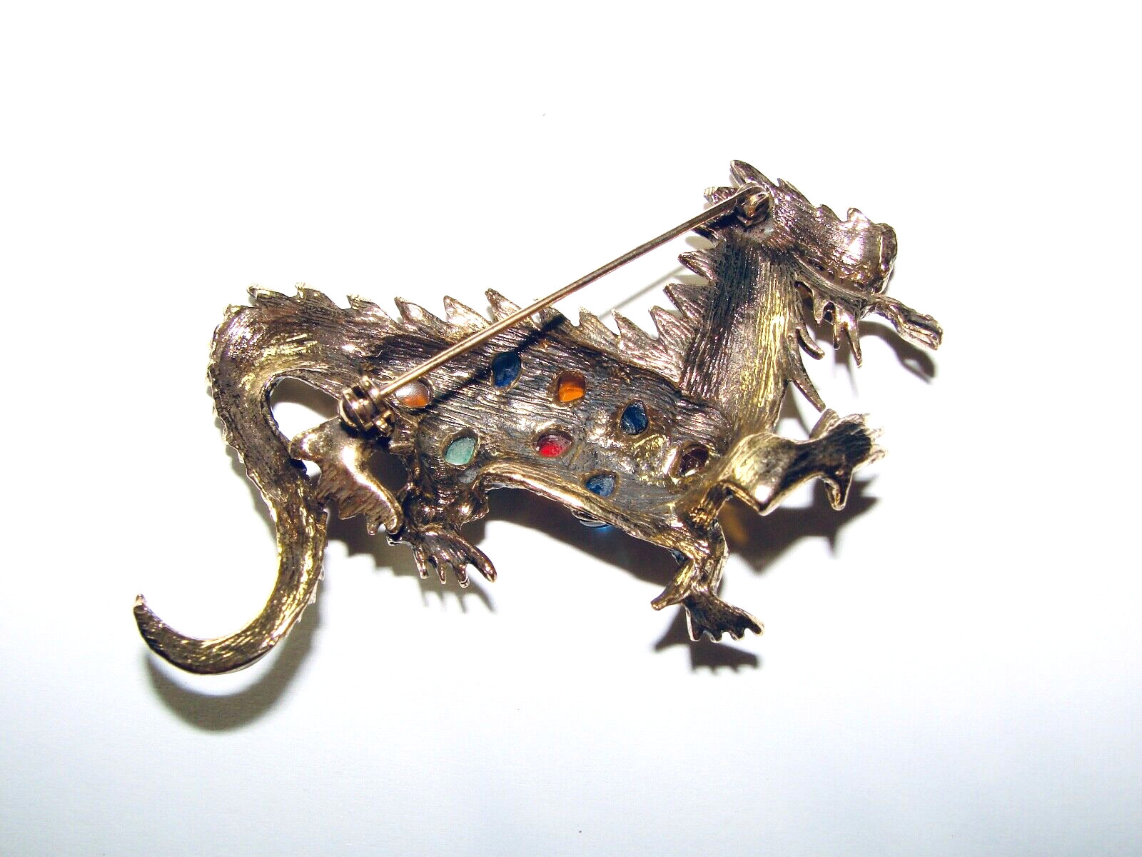 LA ROCO VINTAGE GRIPOIX GLASS MOGUL STYLE RHINESTONE DRAGON BROOCH PIN GOLD TONE