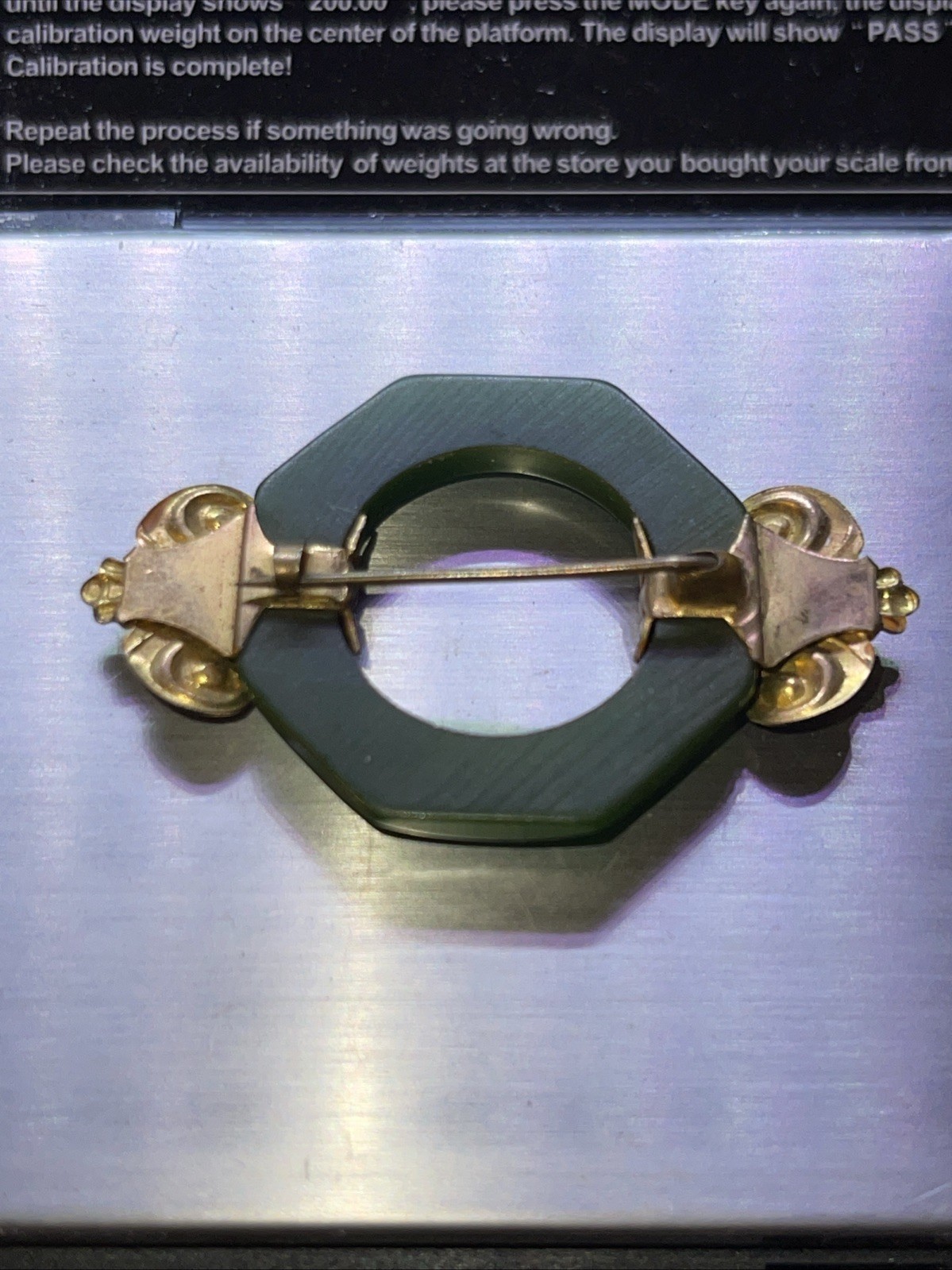 Vintage Early 20th Century Brass Bakelite Pin in Vivid Green