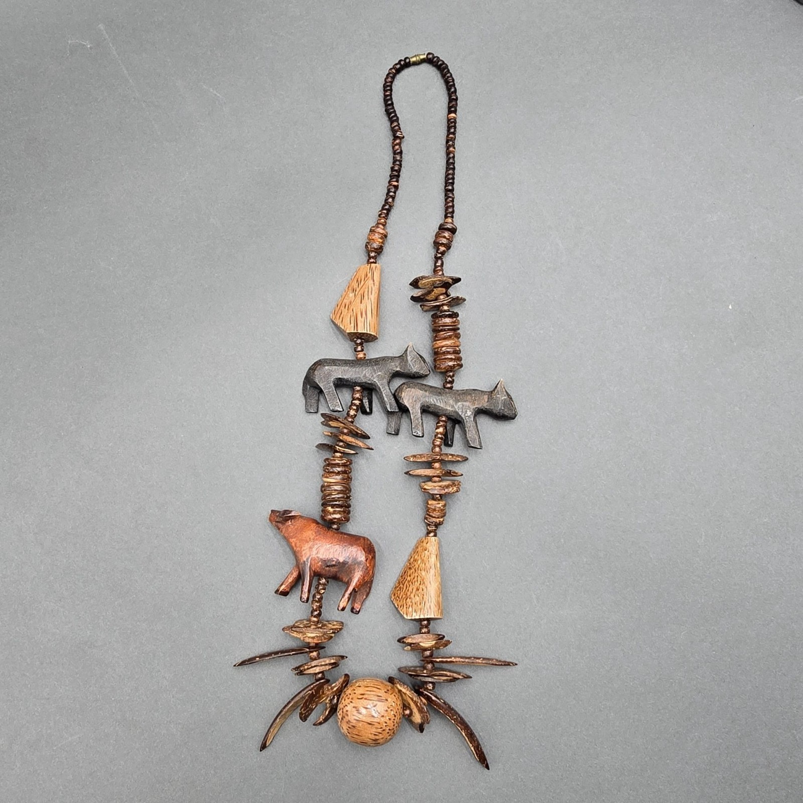 Vintage Tribal Wood Animal Necklace 26″ Brutalist Hand Carved Statement Piece