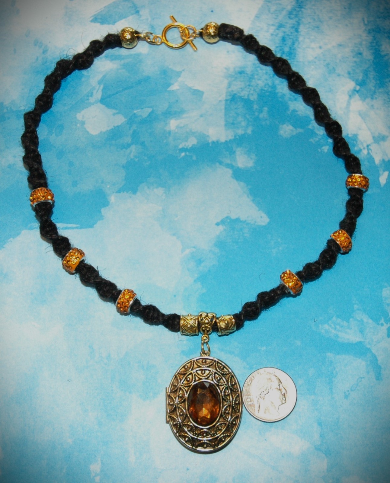 Vintage 1966 Avon Perfume Locket on a Handmade 20″ Black Hemp Chain