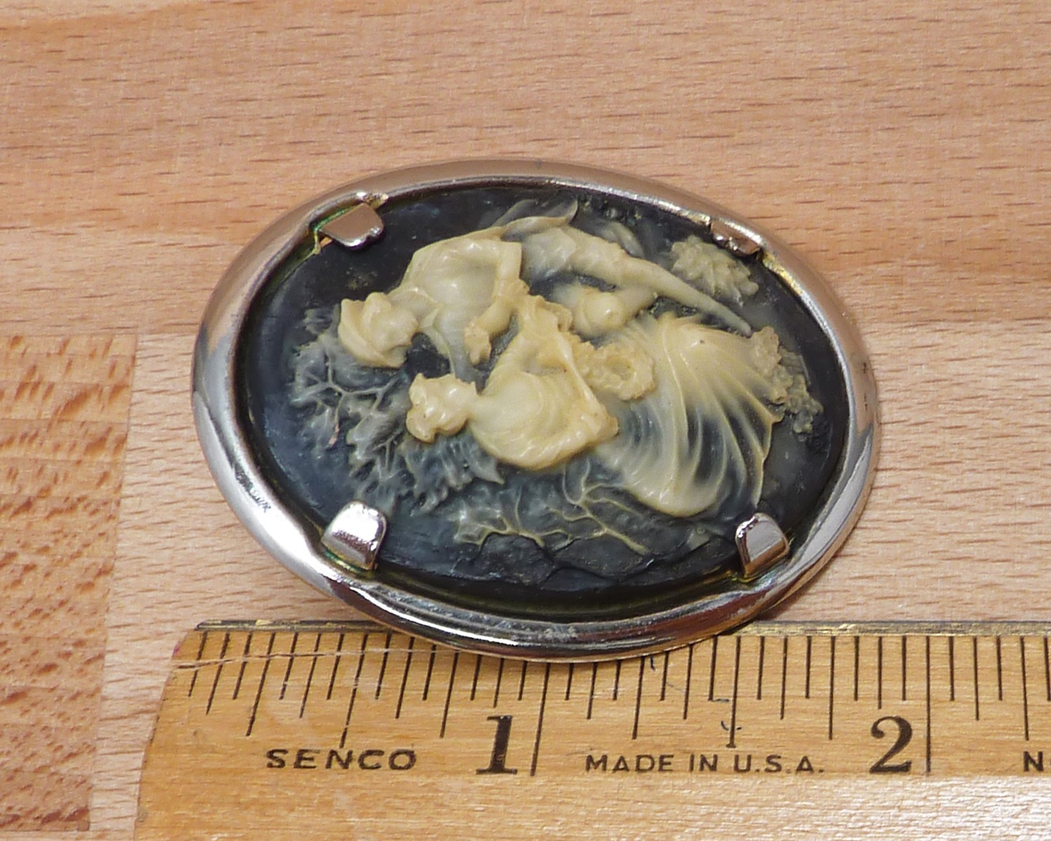 Vintage Molded Resin or Lucite (Plastic) Cameo Brooch Classic Romancing Scene 2″