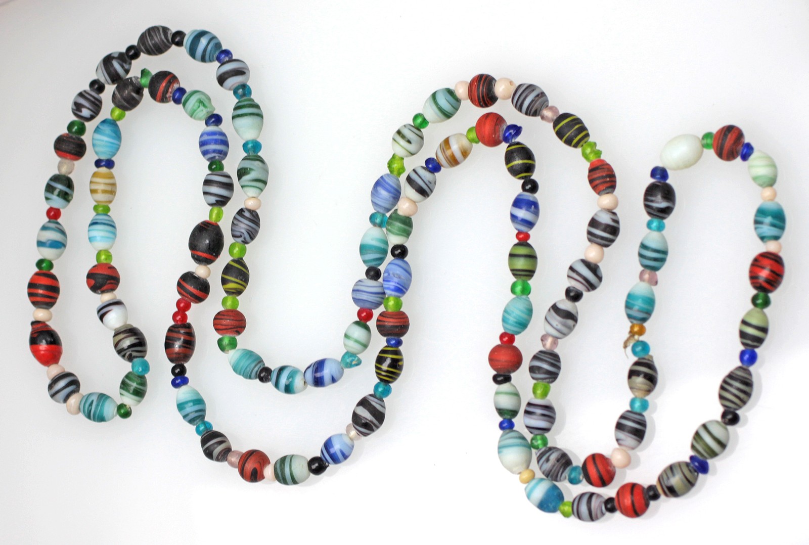 Vintage Hand Blown Glass Trade Bead Necklace Red Blue Green Striped 48″ Long