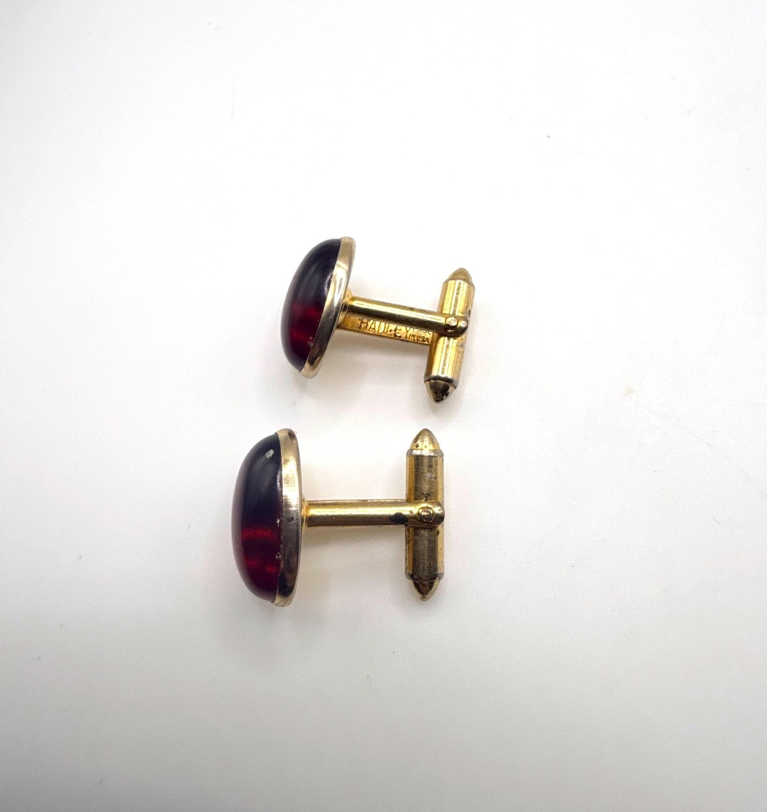 Vintage Hadley red oval jelly cabochon and gold tone cuff links