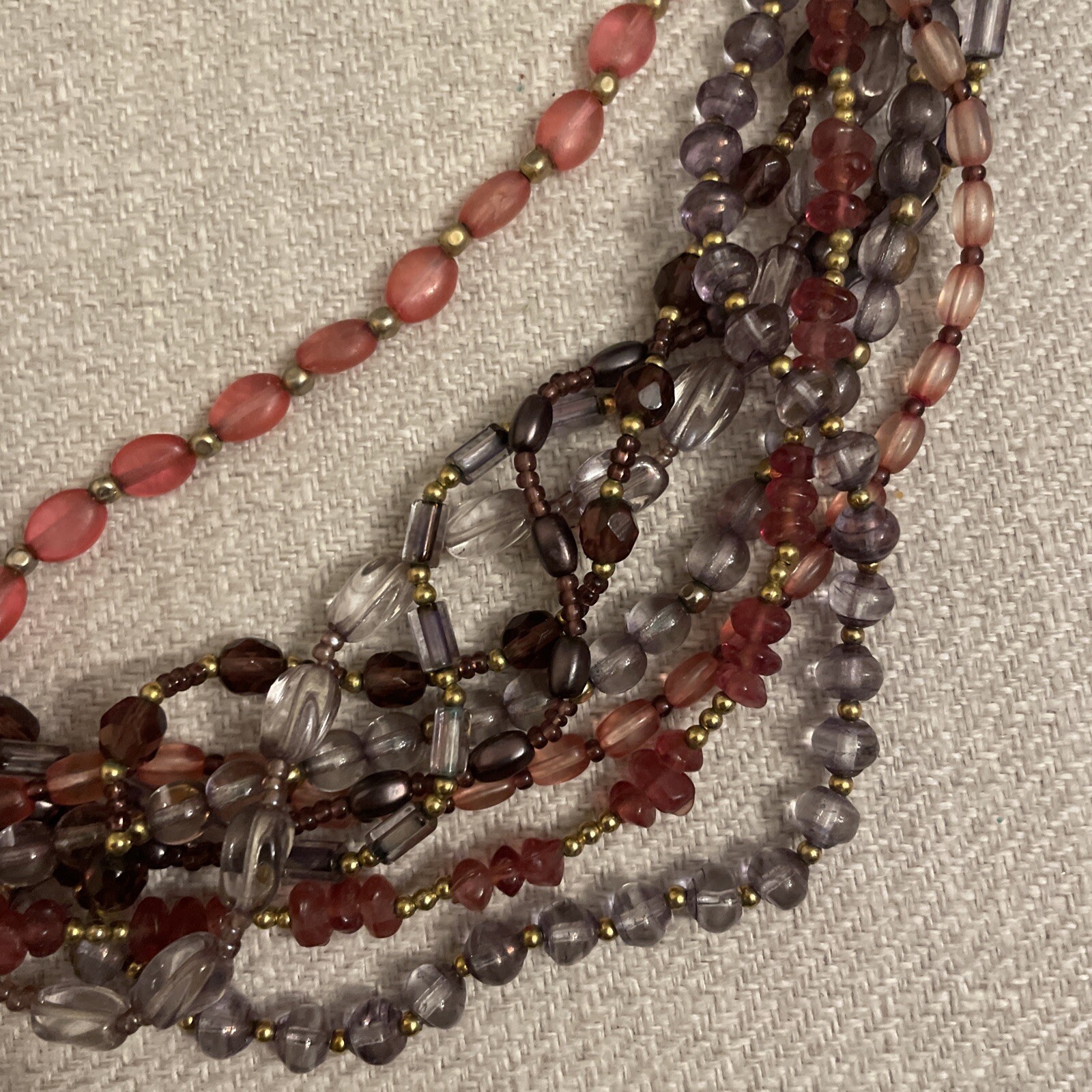Vintage boho Multi Strand Beaded purple Pink Red Glass Gold Tone Necklace