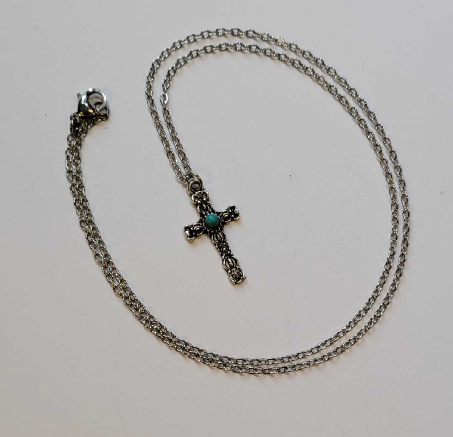 Southwestern Cross Necklace Silver Tone Faux Blue Turquoise 18in Chain Vintage