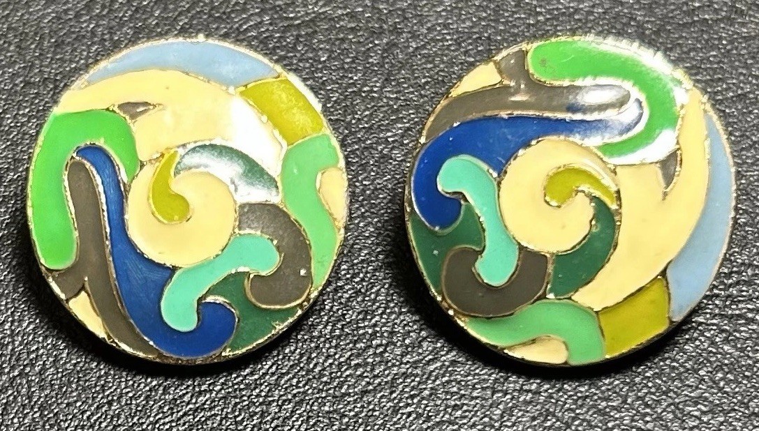 Vintage Eisenberg Art Nouveau Green Purple Cream Heavy Enamel Clip On Earrings
