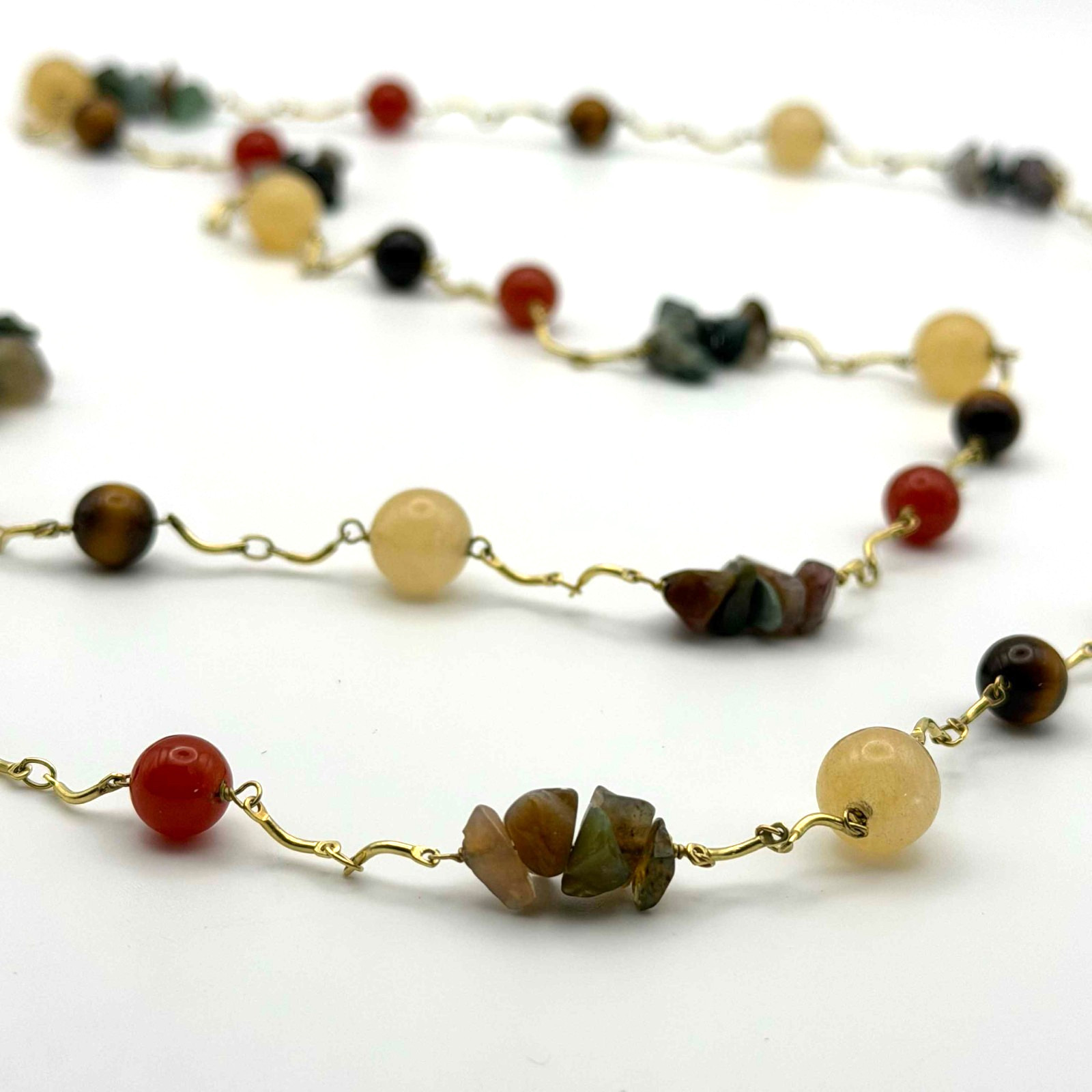 Vtg 44″ Jade, Nephrite & Tiger Eye Natural Stone Necklace 14K GP (YAK-35-2)
