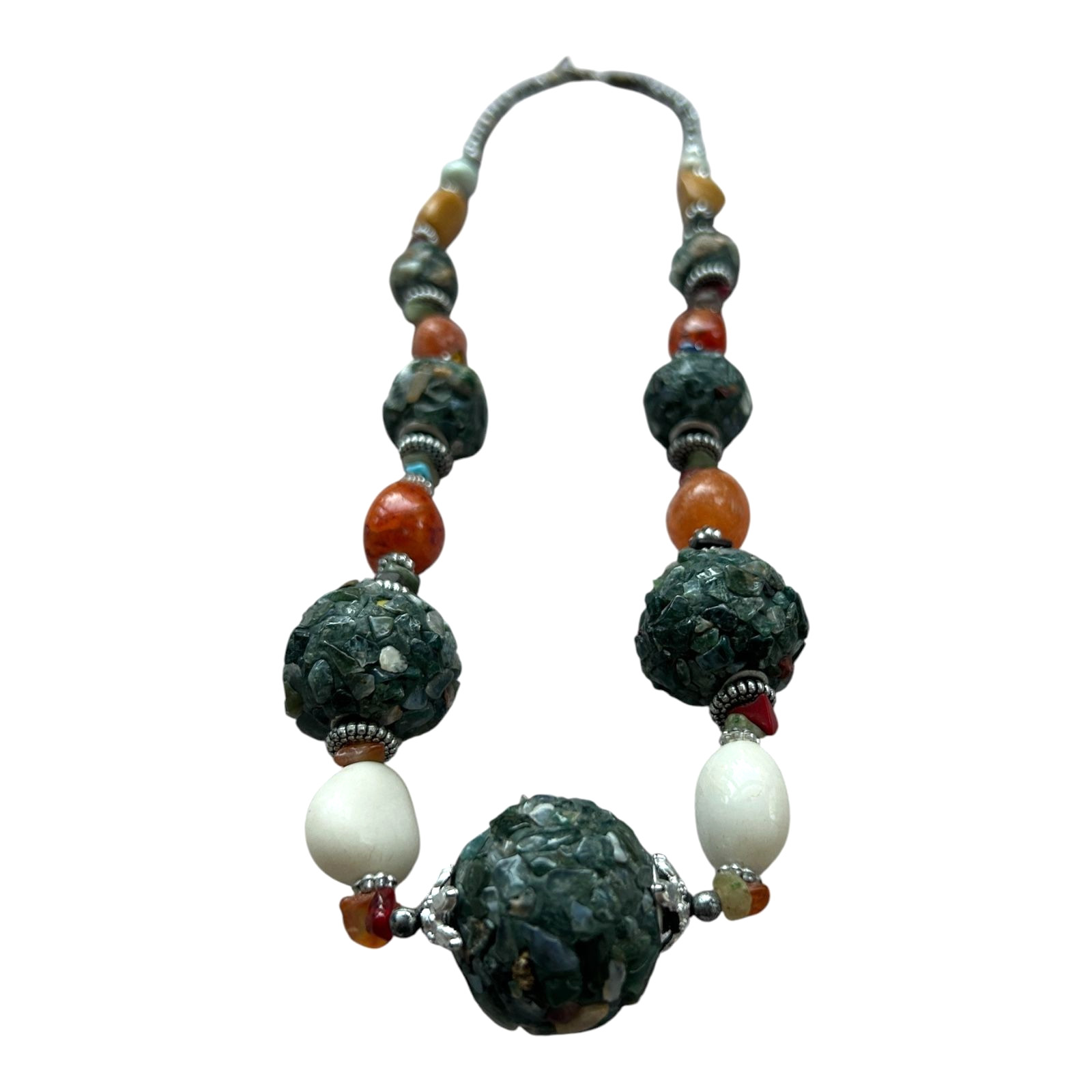 Vintage Chunky Mosaic Stone Beaded Necklace Multicolor Boho Statement Artisan