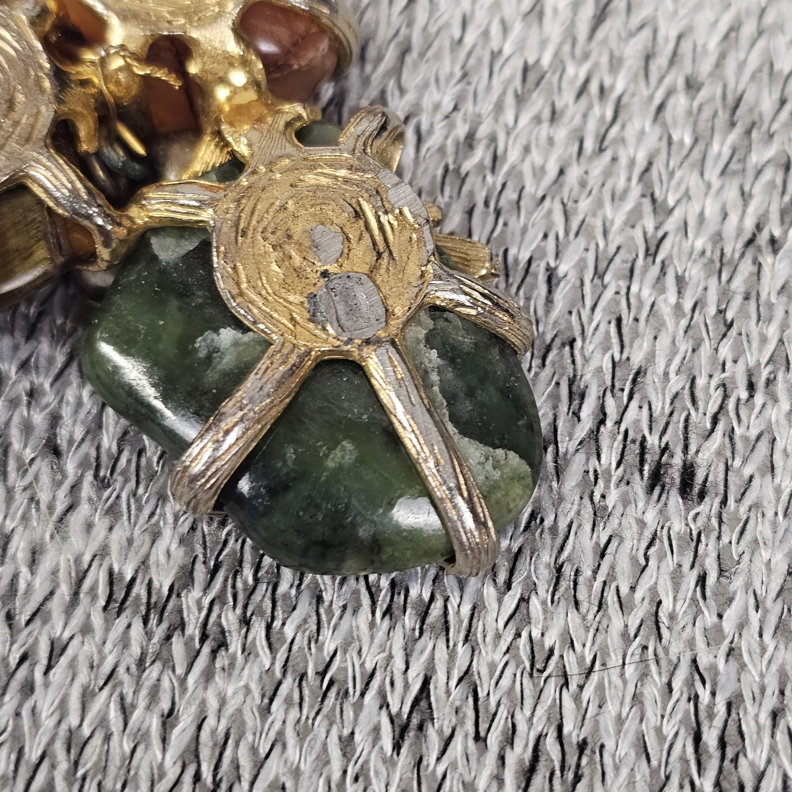 Vintage Leaf Brooch Gold Tone Mixed Stones Pearls Jade Tiger Eye Agate Jewelry