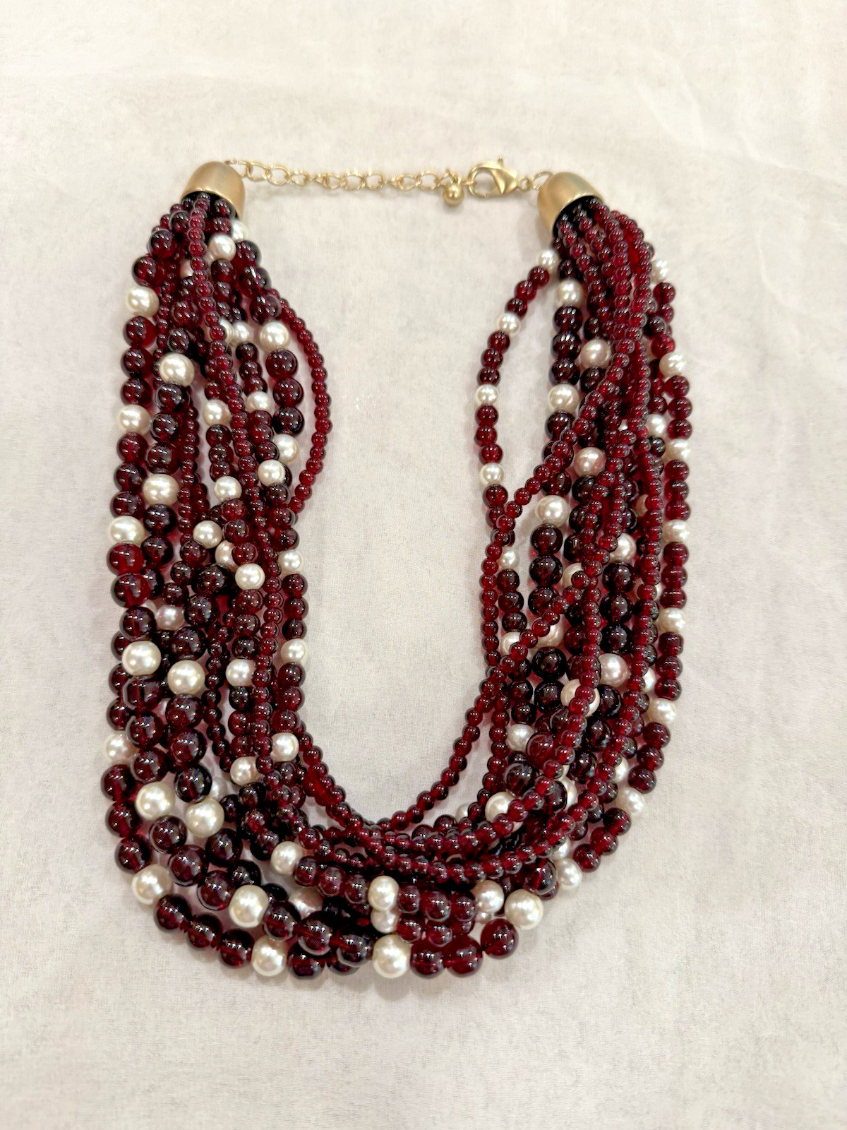 Vintage Multi-Strand Ruby Red Beaded Necklace with Faux Pearl Accents