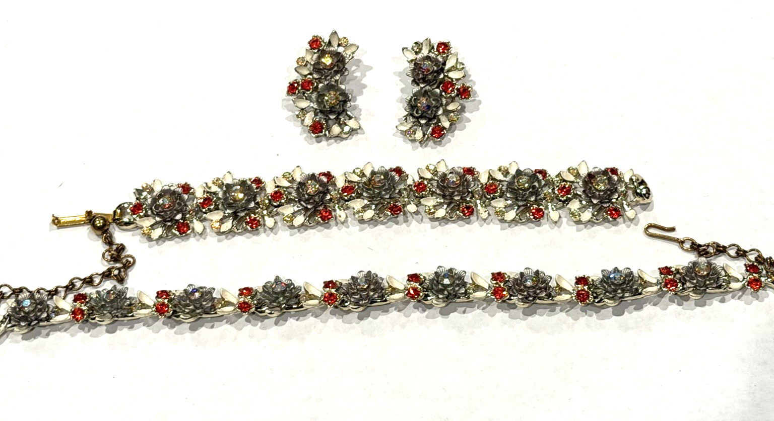 BSK MCM FLORAL ENAMEL RHINESTONE NECKLACE BRACELET CLIP EARRINGS PARURE SET LOT
