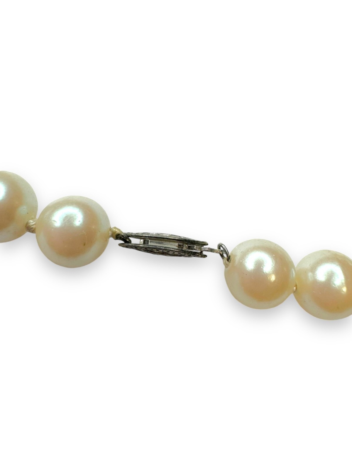 Faux Pearl Necklace Sterling Silver Fish Hook Clasp Vintage 16″