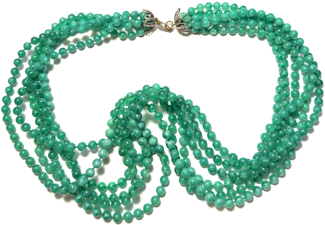 Vintage Jewelry Necklace Multi Strand Beaded Hand Knotted Green Bib Lucite 17