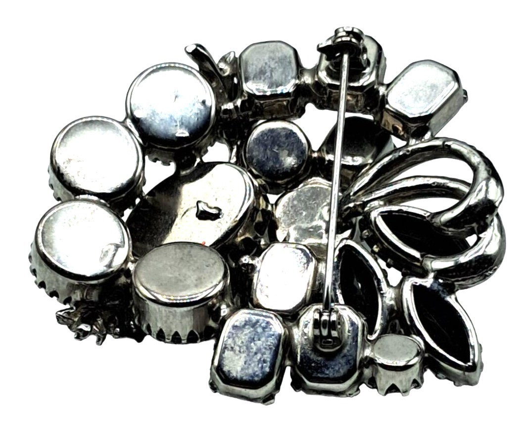 Vintage Rhinestone Brooch Earrings Set Black Clear Rhinestones Jewelry