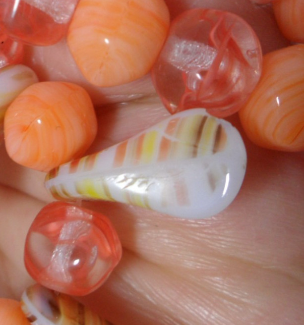 Art Glass Bead Necklace Fringe Drops Vintage Coral Orange Stripes Granny Core