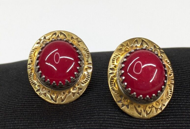 MW Signed Pink Stone Cabochon Brass Sterling Southwestern Pierced Earrings 3/4″