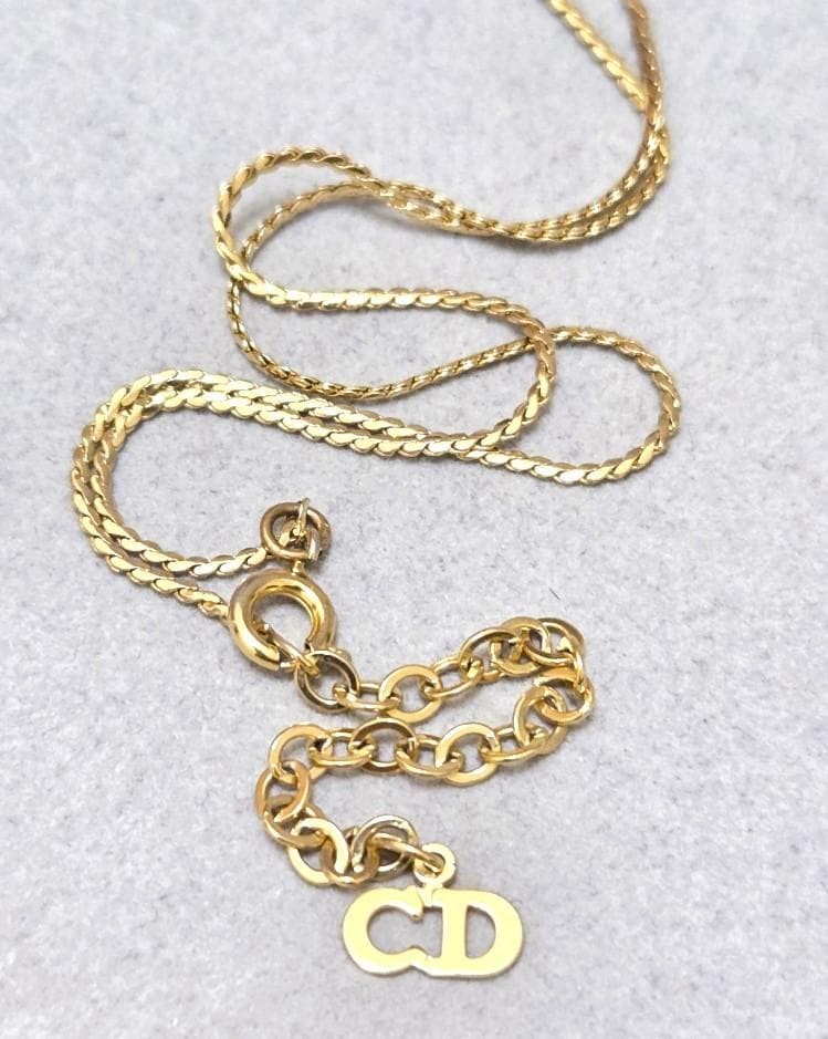 Christian Dior CD Logo Rhinestone Gold Necklace 45cm Vintage