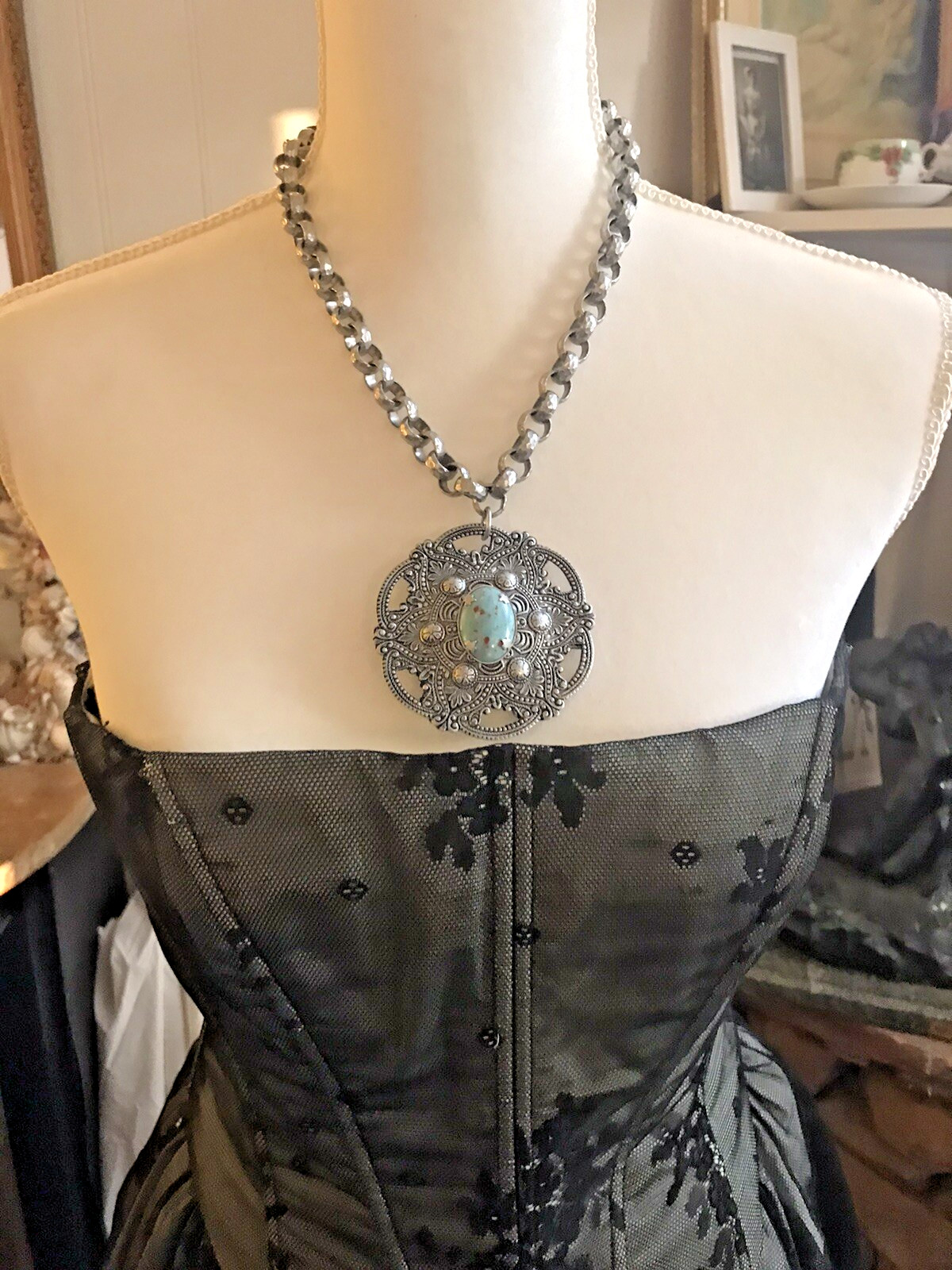Gorgeous Ornate Vintage Aluminum Statement Necklace With Blue Stone
