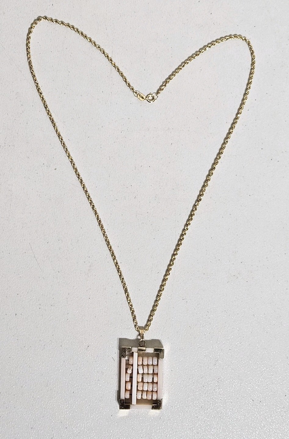Vintage 14K Gold Angel Skin Coral Abacus Pendant 2mm Rope Chain Necklace 18-3/4″