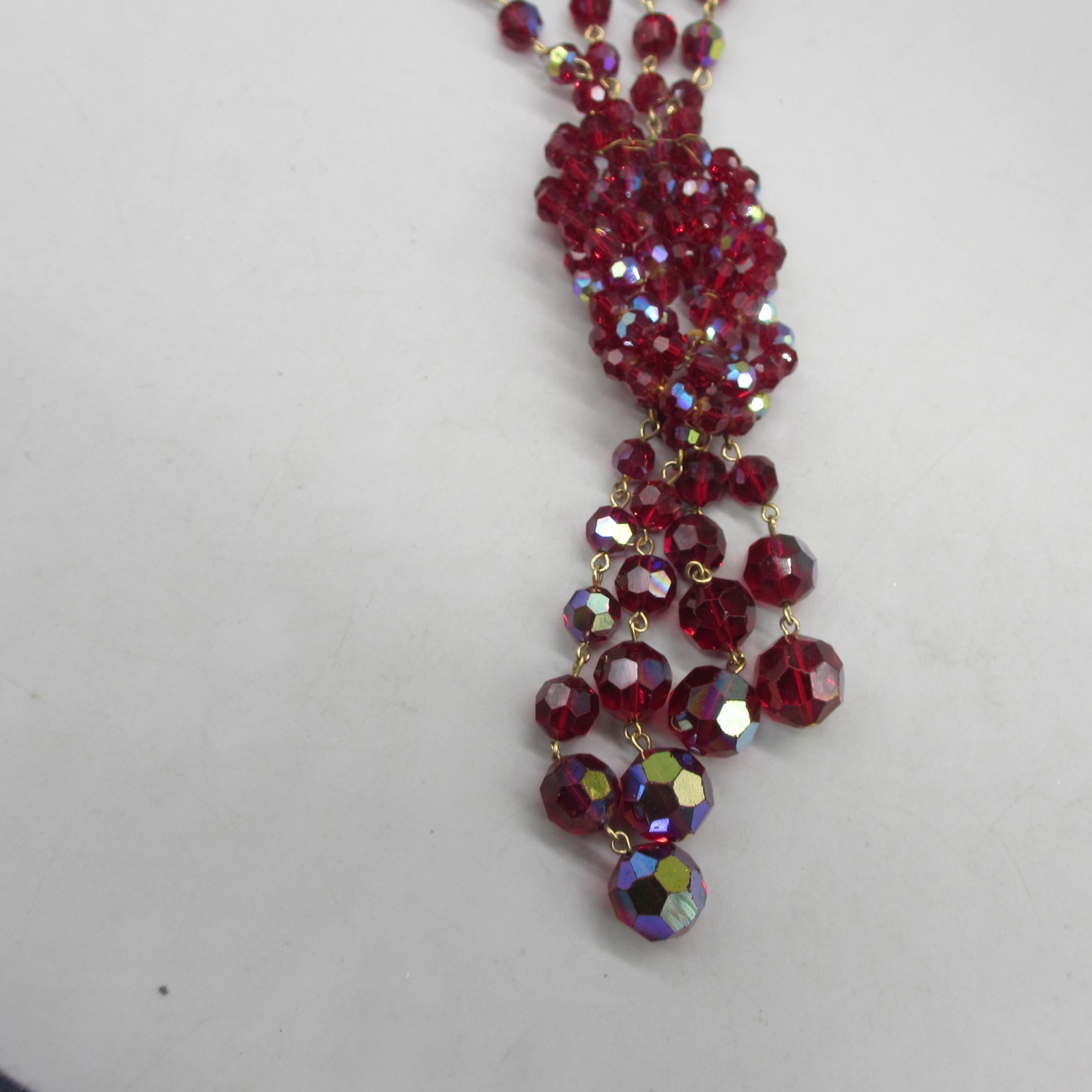 Bergere Necklace Glass AB Bead Red Festoon Tassel Rhinestone ONE MISSING RS 20″