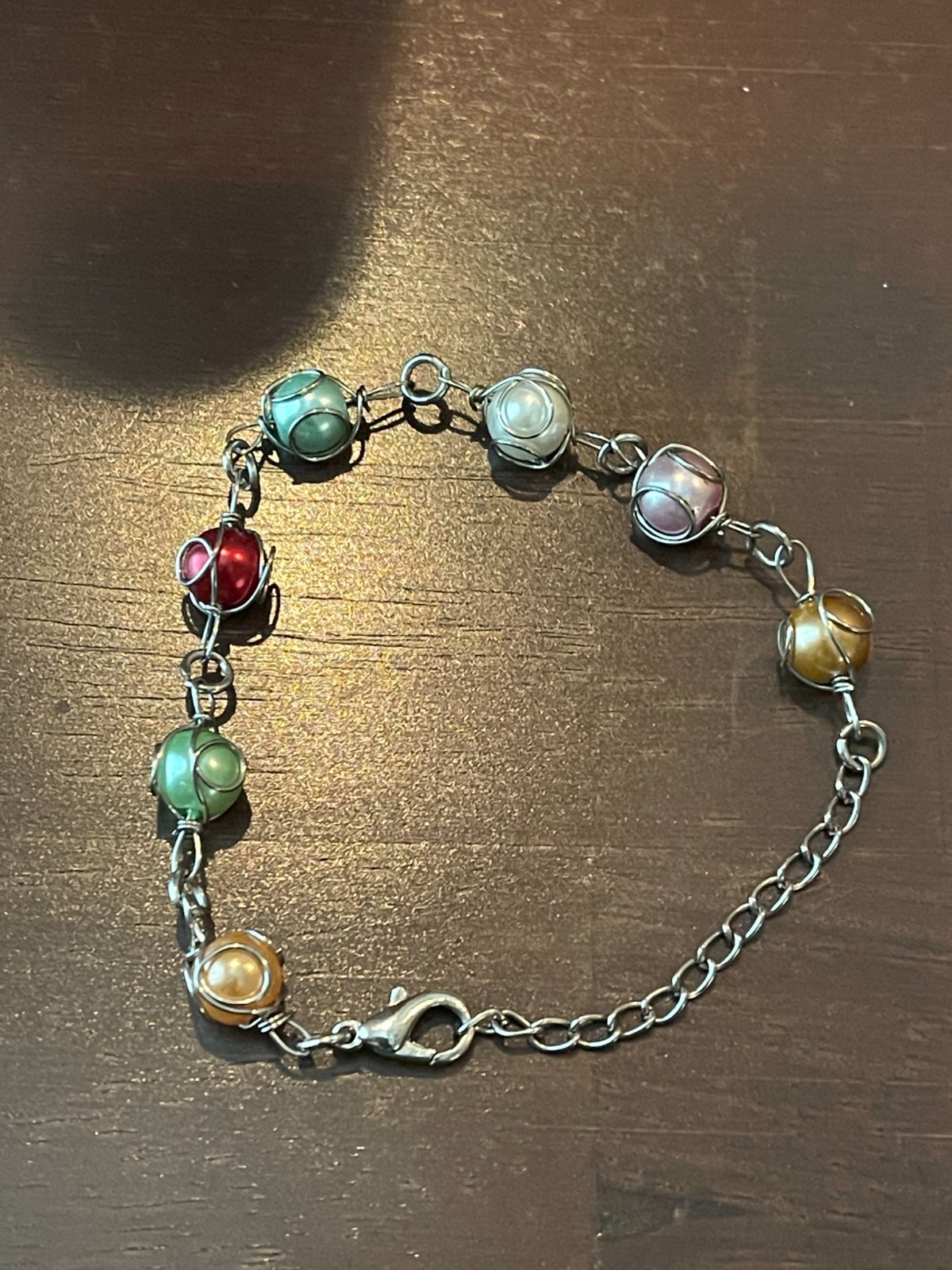 Wire-Wrapped Beaded Bracelet Caged Link Bracelet Cute Dainty Silver Tone Glass