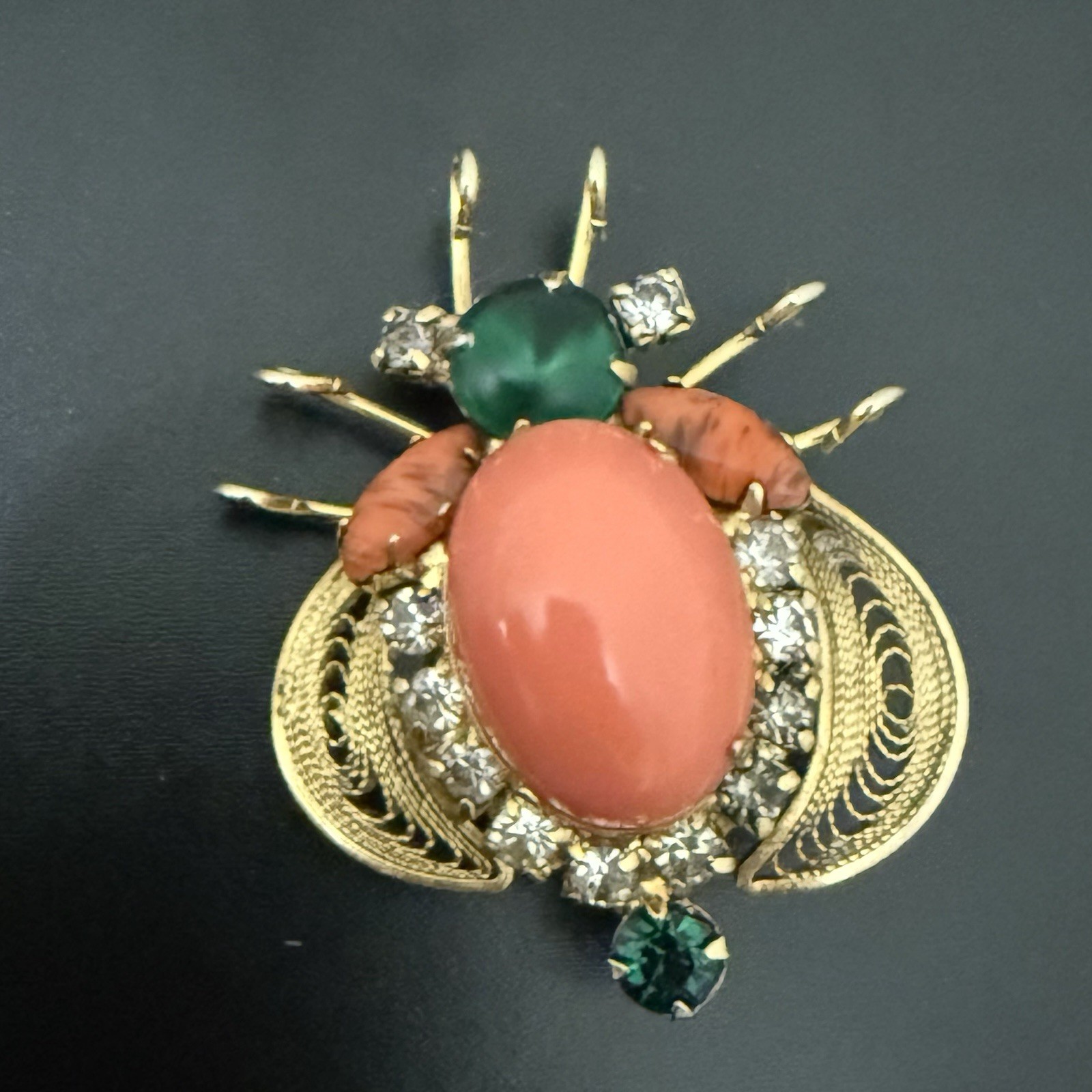 Rare Juliana Delizza & Elster Faux Coral Cabochon Rhinestones Beetle Bug Brooch