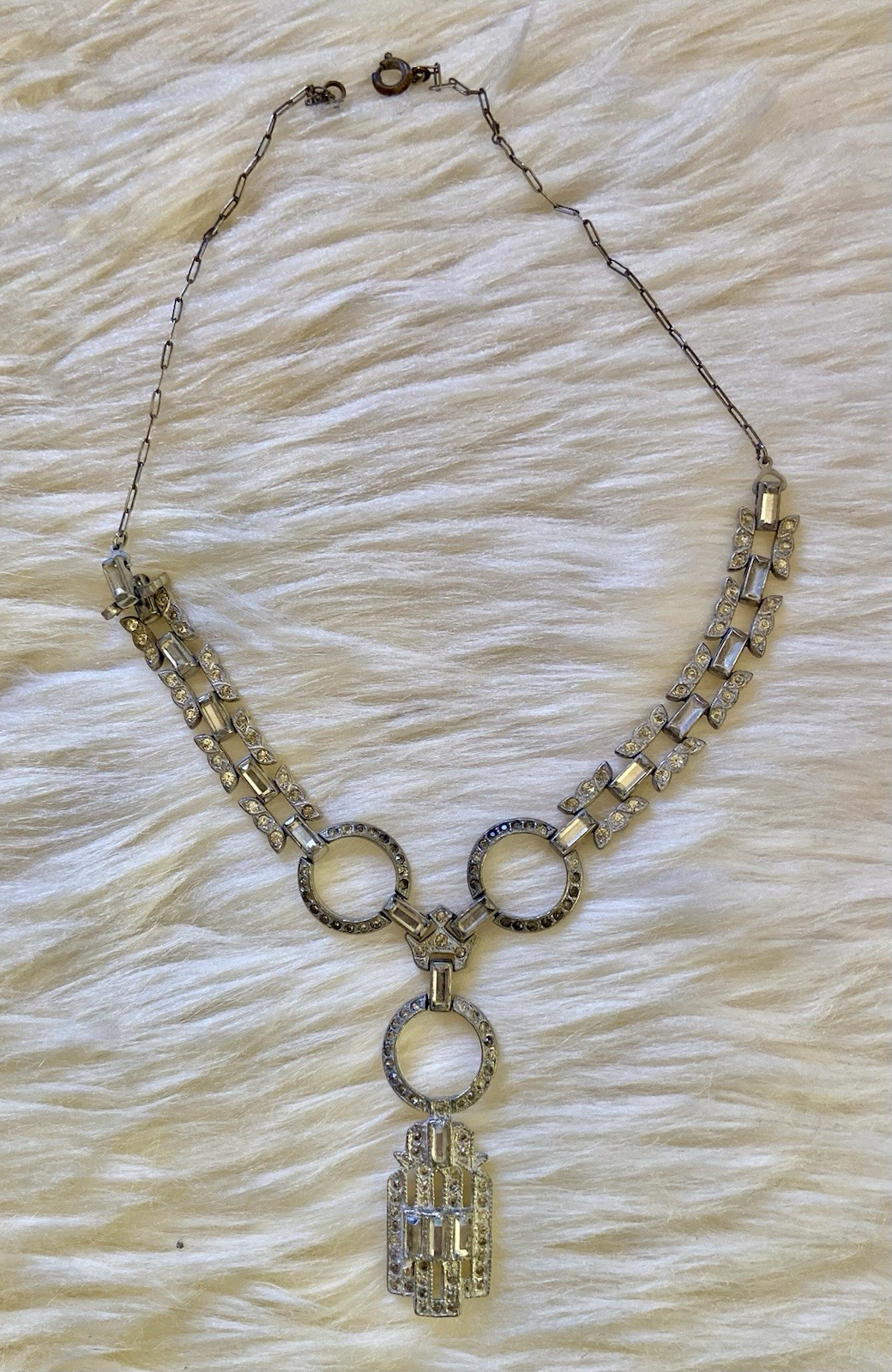 Antique Art Deco Pot Metal Paste Rhinestone Festoon pendant Necklace 1920s