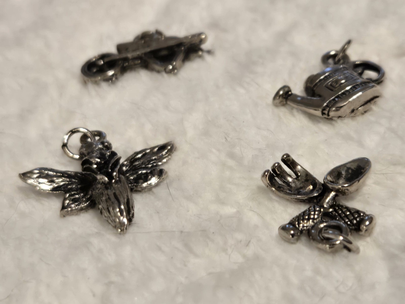 Lot of 4 Gardening Charms Silvertone Watering Can Bee Wheelbarrow Trowel