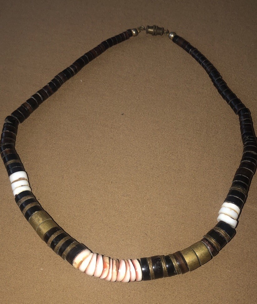 Heishi Necklace w Shell & Horn Graduated & Bronze Accent Beads 18”