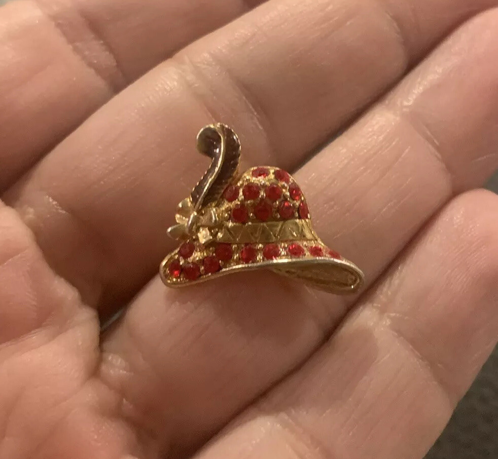 Red Hat Society Vintage Brooch Rhinestones Enamel 80s Gold Tone Feather Pin Back