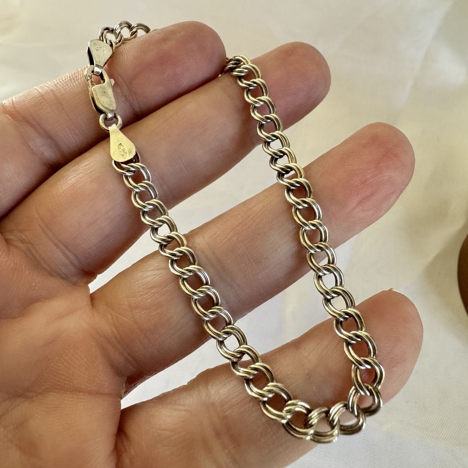 Double Link Charm Bracelet Lobster Claw Clasp VTG 925 Sterling Silver 8” Length