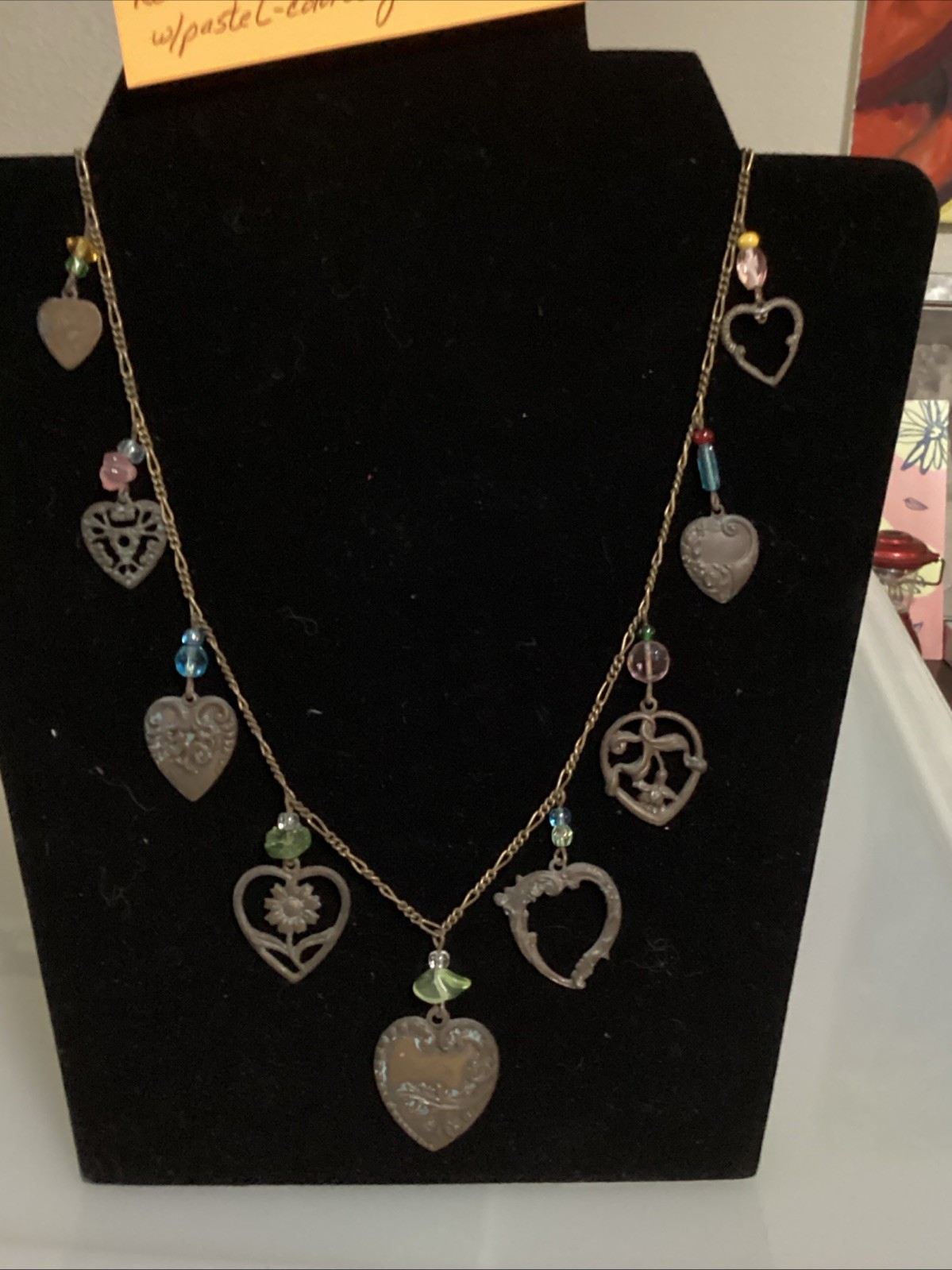 VTG Glass Works Studio G.W.S Signed Multi Color Glass Hearts Charm Long Necklace