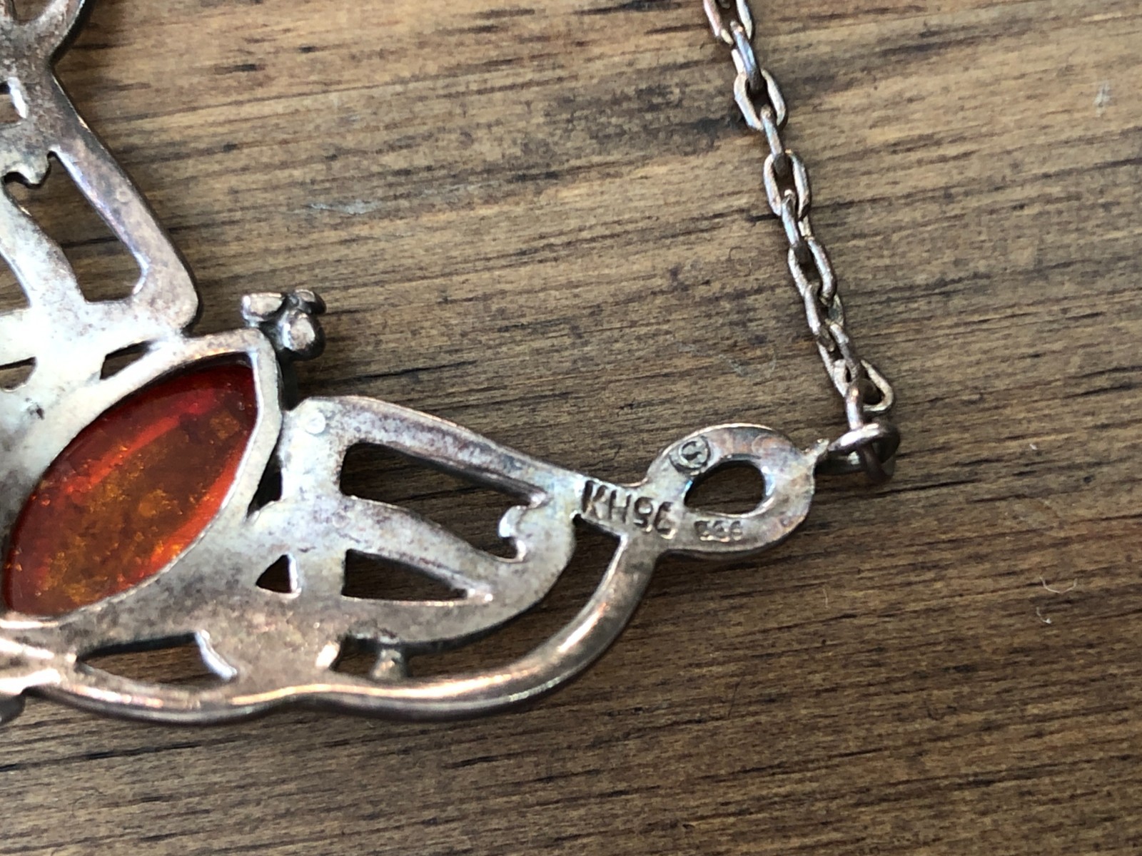 Vintage Kit Heath Sterling Silver & Amber Celtic Knot Pendant Necklace 18″