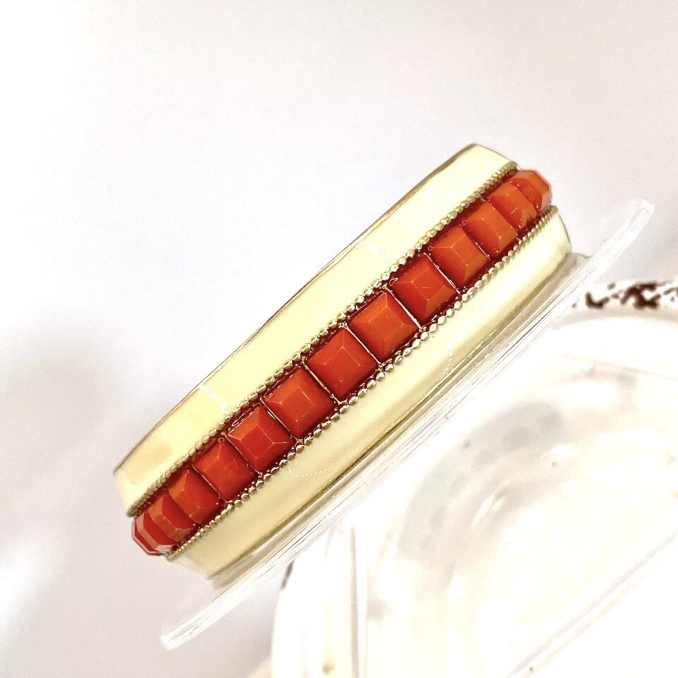 Vtg Gold Tone Hinged Cream Enamel Orange Resin Minimalist Bracelet Bangle Rare B
