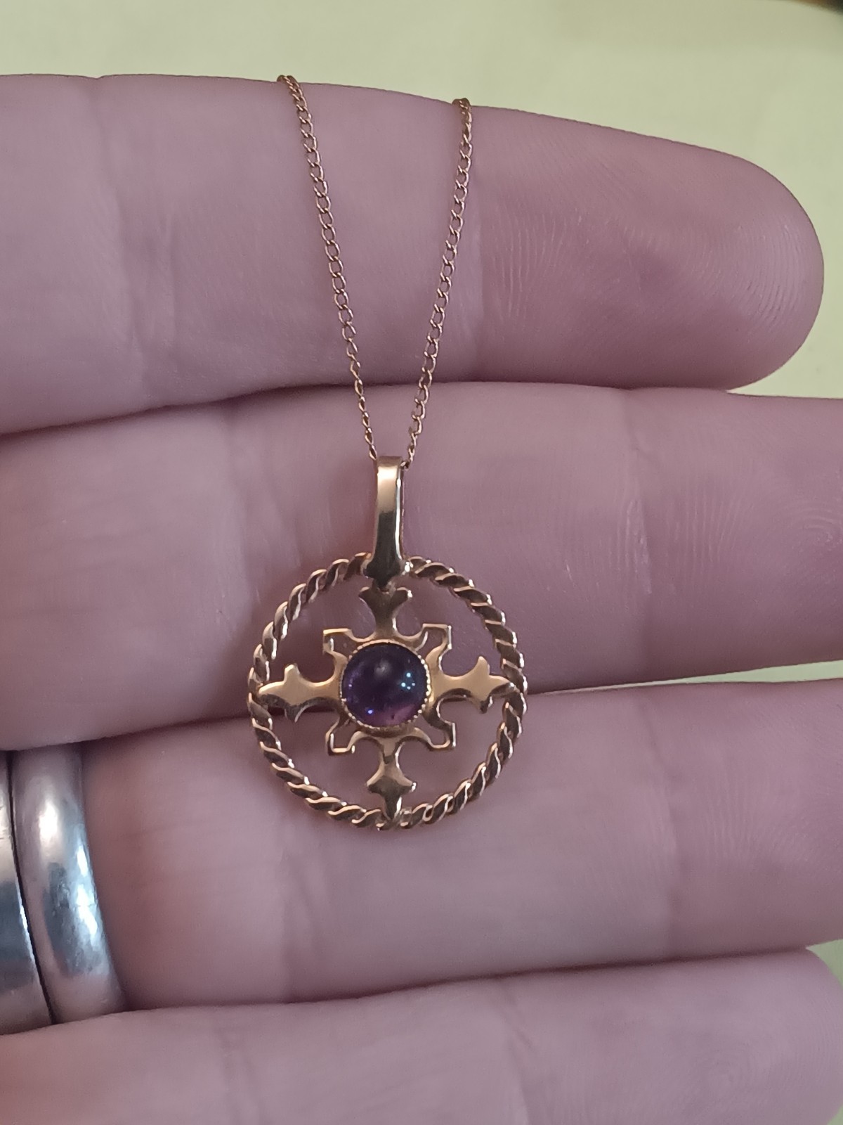Vintage 14k Gold 15.5 Inch Necklace Amethyst Pendant Tested New Old Stock Tested