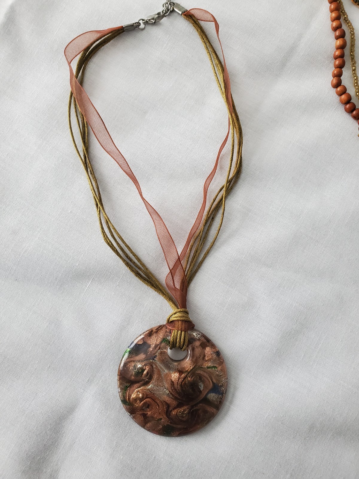 Lot of 4 Vintage Wood/Ceramic Necklaces, 1 Bracelet Boho Hippie Beaded