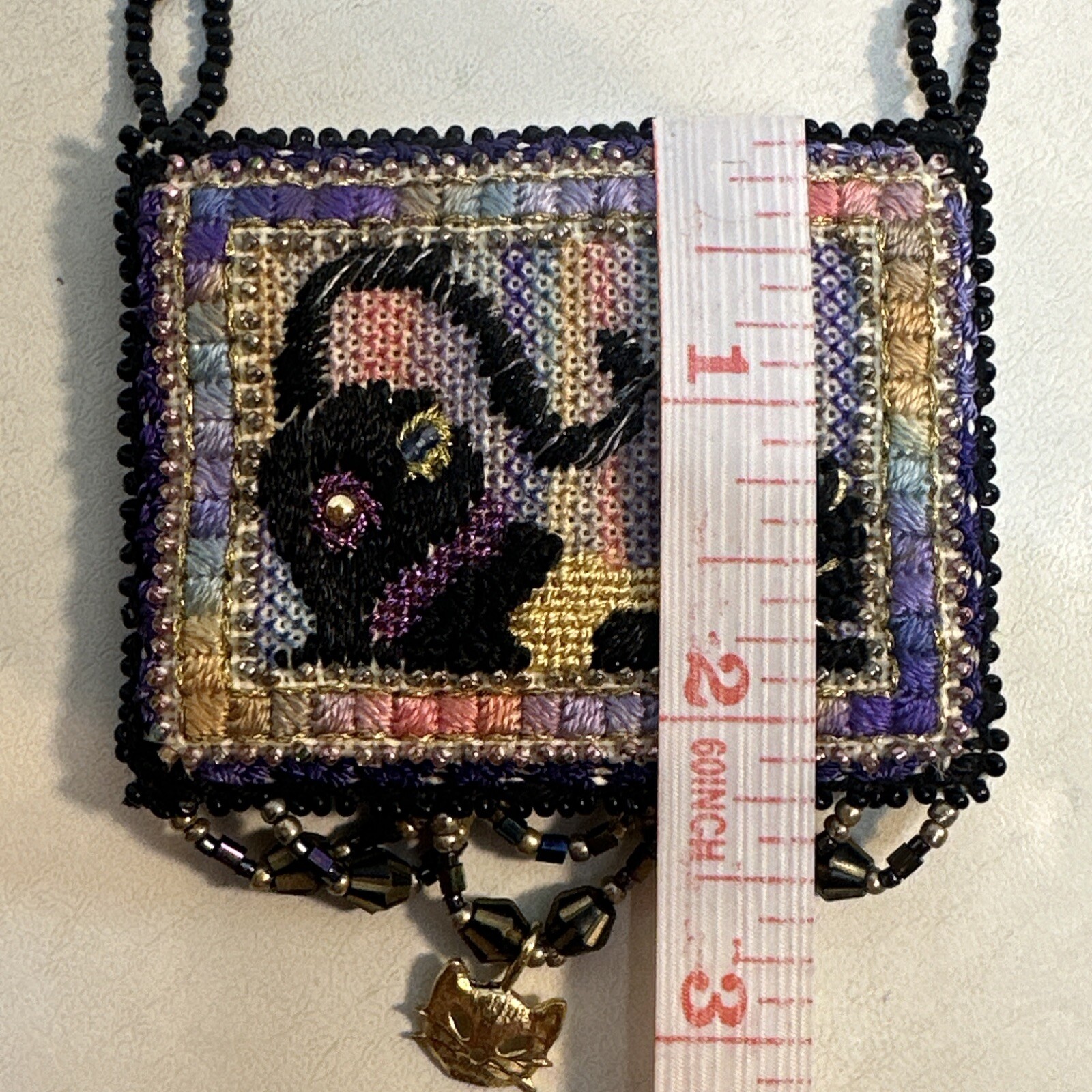 Vintage Handmade Kitty Cat Sead Bead Southwestern Necklace With Fringe Dangle